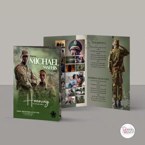 May include: A green and white memorial card with a photo of a man in a military uniform. The card reads "Sergeant Michael Mathis, U.S. Army" and "Honoring His Life and Legacy".