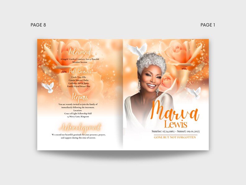 Orange Rose 11x17 Funeral Program Template (8 Pages) | Bifold Funeral ...