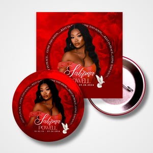 Könnte beinhalten: Ein roter und weißer Gedenkknopf mit einem Foto einer Frau und dem Text "Sabrina Powell 09.28.2024" und "Ruhe in Frieden, gegangen zu früh".