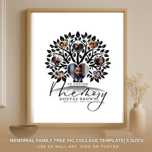 May include: A framed memorial family tree collage with a black tree design. The tree holds multiple family photos and the text "In Loving Memory" with the name "Dontaé Brown" and dates. The bottom text reads "Memorial Family Tree Pic Collage Template | 5 Sizes".