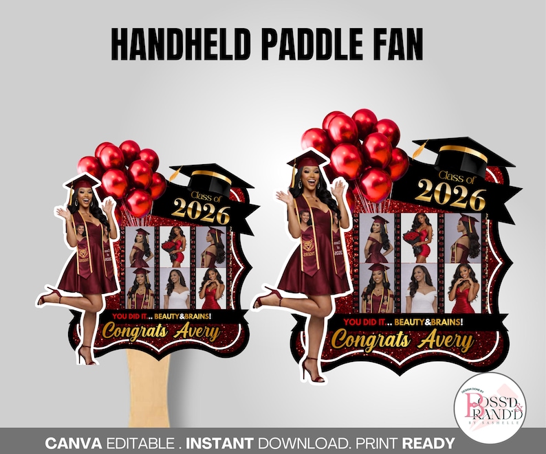 May include: Handheld paddle fan with a graduation theme. The fan features a graduate in a maroon dress, a mortarboard, and red balloons. The text reads "Class of 2026" and "Congrats Avery."