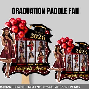 May include: Graduation paddle fan with a maroon dress and a graduation cap. The fan includes the text "Class of 2026" and "Congrats Avery". The fan has a red glitter background and red balloons.
