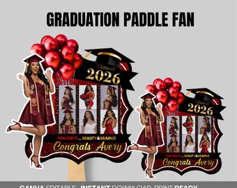 Graduation Fans Template Red and Gold Class of 2026 Grad Fan Canva Template Graduation Fan Template Custom Grad Fan Paddle Fan for Graduate