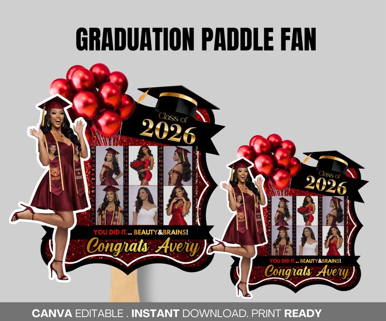 May include: Graduation paddle fan with a maroon dress and a graduation cap. The fan includes the text "Class of 2026" and "Congrats Avery". The fan has a red glitter background and red balloons.