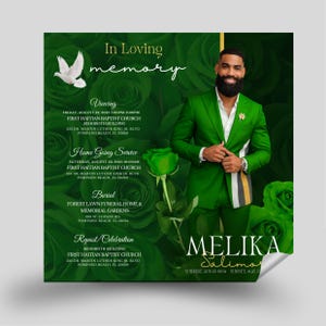 May include: A memorial announcement with a green floral background and a photo of a man in a green suit. The text includes "In Loving Memory," event details, and the name "Melika Salima."
