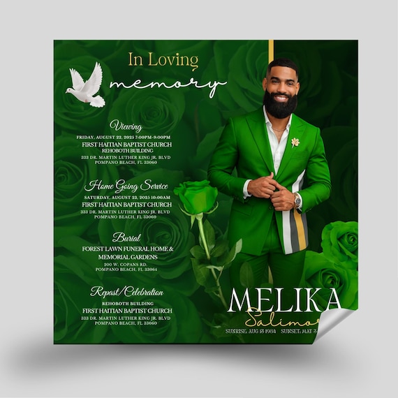 Funeral Invitation Template Green Rose Editable Canva Funeral Flyer for a Men Memorial Announcement Funeral Flyer Celebration of Life