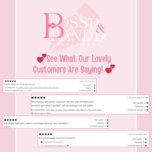 Pu&ograve; includere: Una grafica rosa e bianca con il testo "Bossd & Brand'd by Sashelle" e il testo "See What Our Lovely Customers Are Saying!" con recensioni a cinque stelle da parte dei clienti. Le recensioni includono testo sul prodotto e sul servizio clienti.