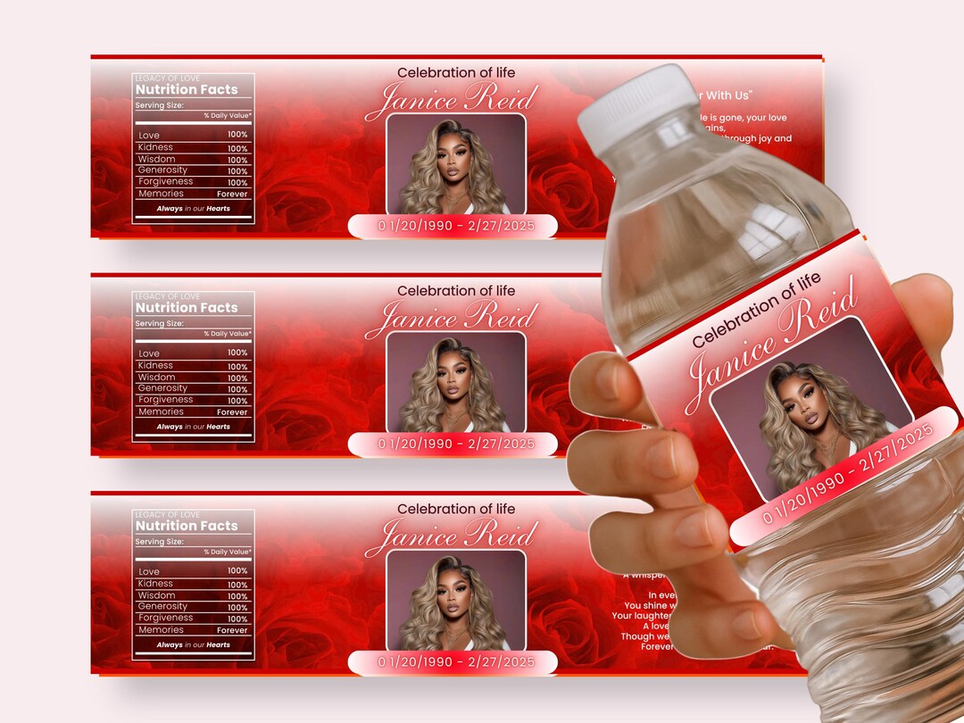 DIY 8X2 Red Memorial Water Bottle Label Template| Red Rose Funeral ...