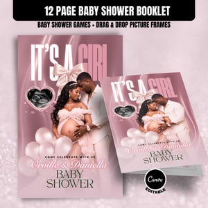 May include: A pink baby shower booklet with the text "It's a Girl" and the names "Orville & Daniella". The cover features a couple and a sonogram image. The booklet includes the text "Baby Shower".
