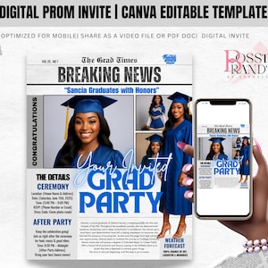 May include: Digital prom invite template with a newspaper theme. The design features a graduate in a blue gown and cap, with the headline "Breaking News." The invite includes details for the ceremony and after-party, and is optimized for mobile sharing.