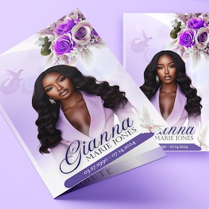 May include: Purple and white funeral programme with a photo of a woman with long black hair. The text reads "Gianna Marie Jones 03.27.1990 - 07.14.2024 Tribute"