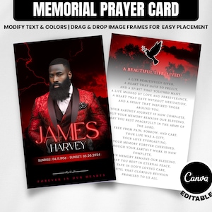 Può includere: Biglietto di preghiera commemorativo con un design rosso e nero. La carta presenta una foto di un uomo in abito rosso, con il nome "James Harvey" a grandi lettere. La carta include testo ed è modificabile.