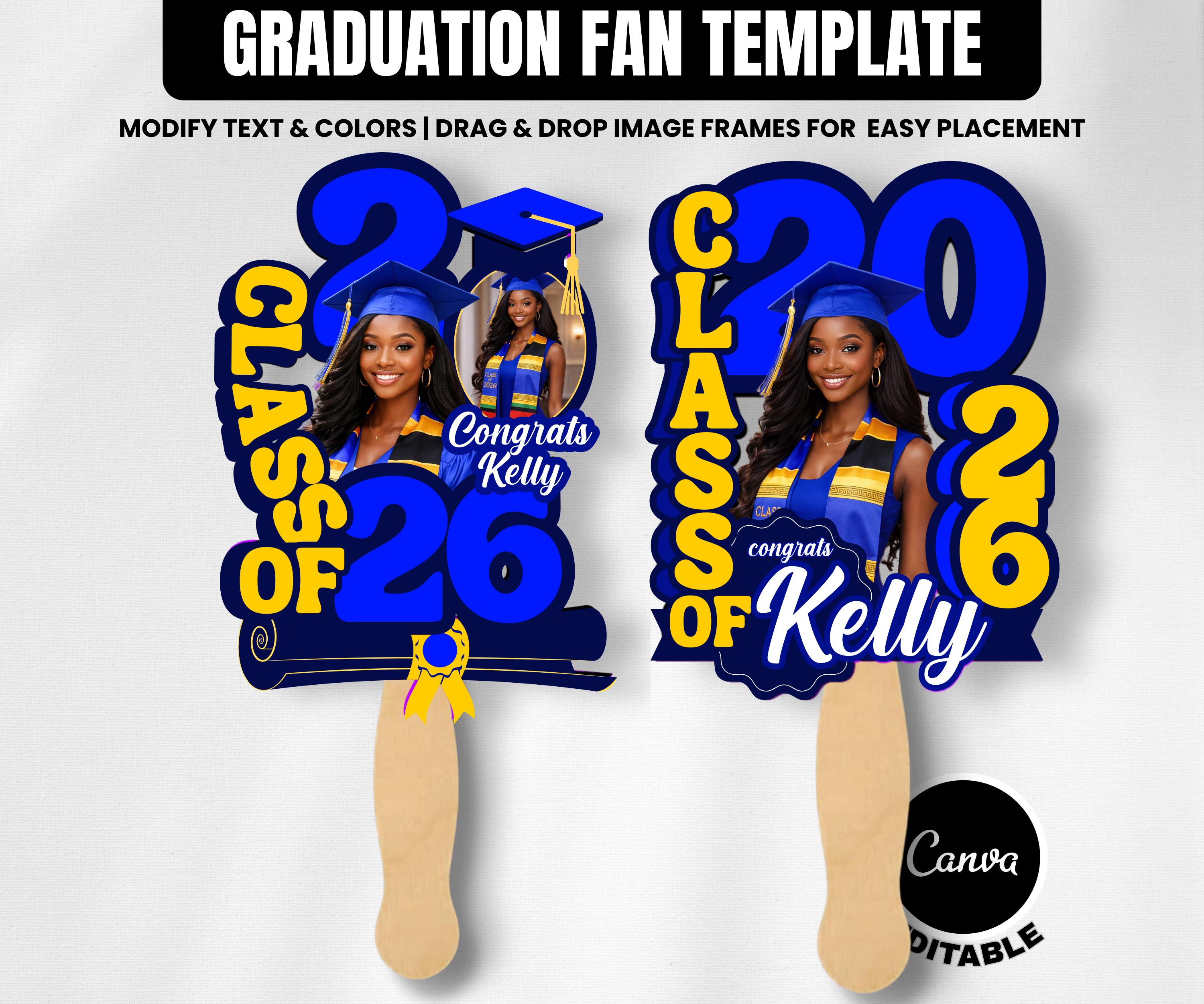 Graduation Fan Template Blue and Yellow 2026 Grad Fan Canva Graduation ...