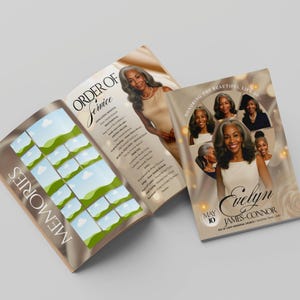 May include: A funeral program with a gold and brown background. The front cover features a photo collage of a woman with the text "Honoring the Beautiful Life of Evelyn James-Connor" and the date "May 10". The back cover features a list of the order of service with the title "Order of Service".