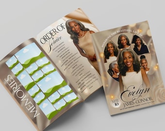 11x17 Gold Funeral Program Template| Beige Tabloid Bifold Funeral Program | 8 Page Obituary Program Template| Gold Funeral Program