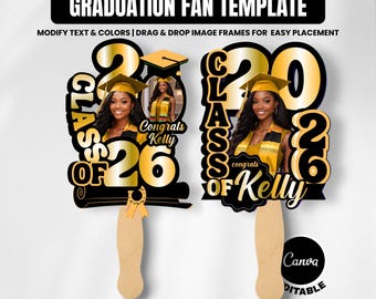 Graduation Fan Template  Black & Gold 2026 Grad Fan Canva Graduation Paddle Fan Graduation fan printable Class of 2026 Grad Fan Set of 2