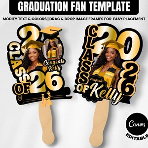 Graduation Fan Template Black & Gold 2026 Grad Fan Canva Graduation Paddle Fan Graduation fan printable Class of 2026 Grad Fan Set of 2 image 5
