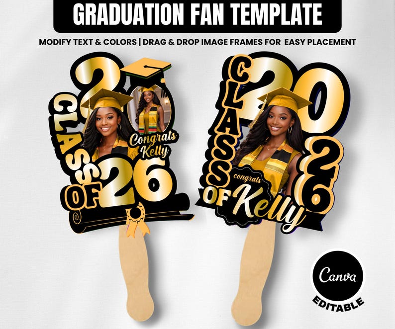 Graduation Fan Template Black & Gold 2026 Grad Fan Canva Graduation Paddle Fan Graduation fan printable Class of 2026 Grad Fan Set of 2 image 5