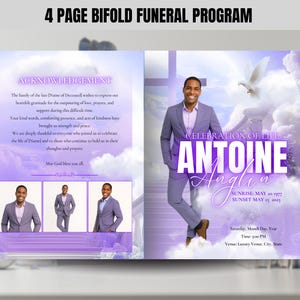 8.5x11 Purple Sky Funeral ProgramTemplate (4 Pages) | Bifold Purple Funeral Program Template| Purple Funeral Program for Men| Purple Program