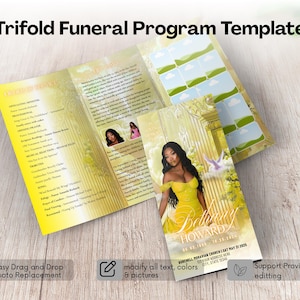 May include: A trifold funeral program template with a yellow and gold color scheme. The program features a photo of a woman in a yellow dress, with text that reads "Bethany Howard". The template includes placeholders for photos and text, with icons indicating easy photo replacement and text modification.