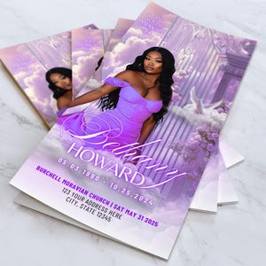 May include: Several memorial cards with a woman in a purple dress set against a celestial background. The cards show the name "Bethany Howard", dates, and a church address. The design uses soft purple and white colours.