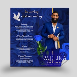 Könnte beinhalten: Eine Gedenkanzeige mit blauem Blumengrund und einem Foto eines Mannes in einem blauen Anzug. Der Text enthält Details zu Besichtigung, Trauerfeier, Beerdigung und Empfang. Der Name "Melika Salima" ist hervorgehoben.