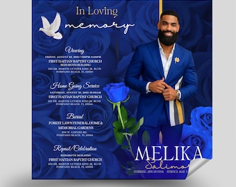 La Rosa - Plantilla de invitación para funeral de la Rosa Azul / Volante de anuncio conmemorativo / Volante de anuncio de funeral azul Canva / Invitación para funeral