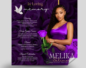 Invitación a funeral, plantilla de volante morado, rosa rosa, editable en Canva, volante para funeral de mujeres, anuncio conmemorativo, volante para funeral.