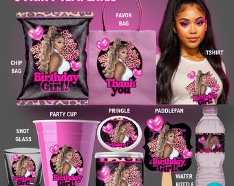 Benutzerdefinierte rosa Geburtstagspartybevorzugungsvorlagen für Erwachsene | Leopardenmuster Party Vorlage, Schnapsglas, Tshirt, Chip Tasche, Party Cup, Wasserflasche