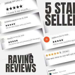 May include: Image showcasing customer reviews with a 5-star rating. The text "5 STAR SELLER" is prominently displayed. Additional text includes "RAVING REVIEWS" and customer comments like "I Love it so much..." and "We are very happy with your work."