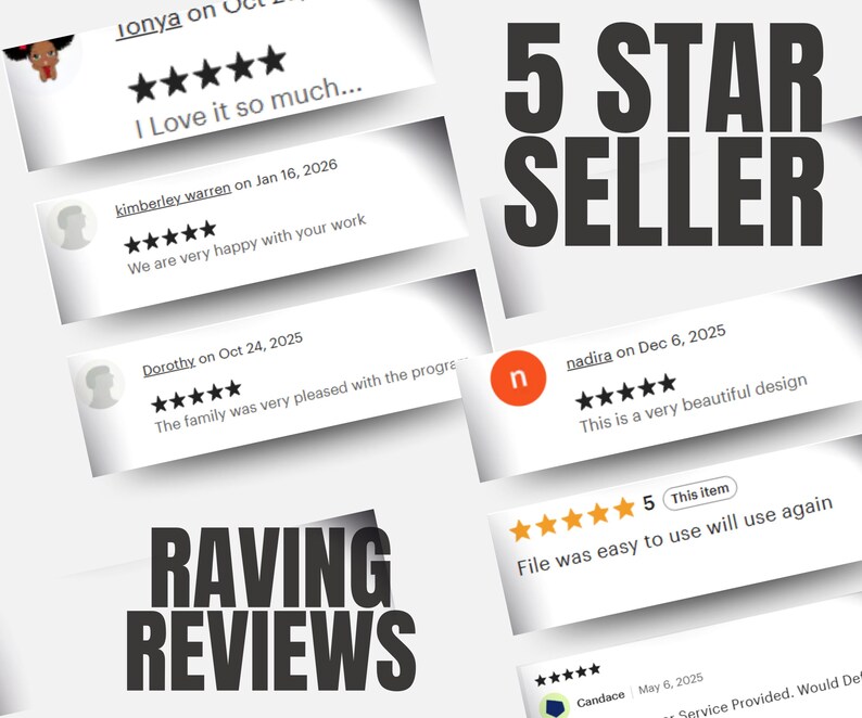 May include: Image showcasing customer reviews with a 5-star rating. The text "5 STAR SELLER" is prominently displayed. Additional text includes "RAVING REVIEWS" and customer comments like "I Love it so much..." and "We are very happy with your work."