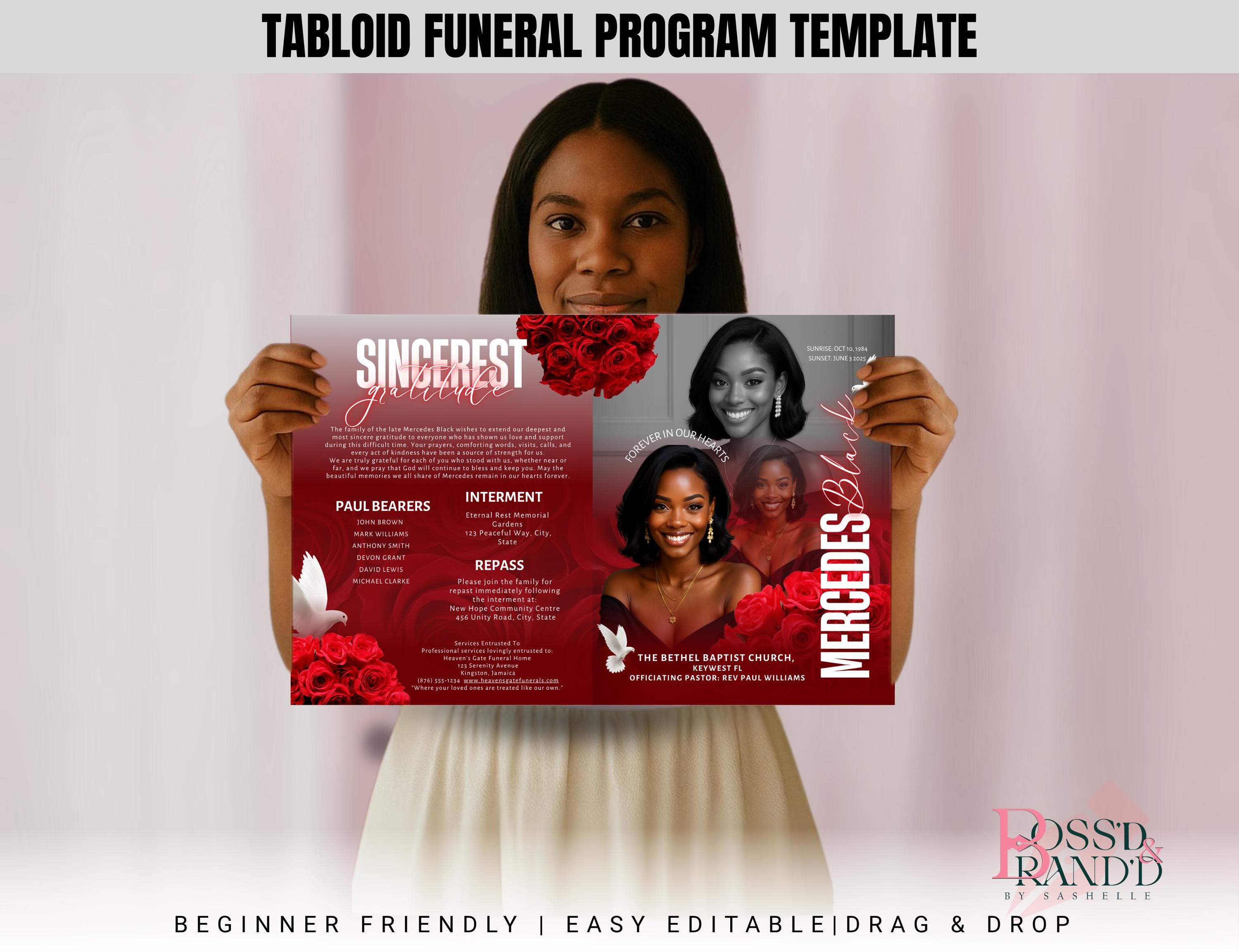 Program Flower Design 17x11 Red Flower Funeral Program Template (8 Pages) | Bifold Funeral ...