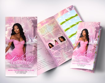 17x11 Pink Trifold Funeral Program Template | Trifold Funeral Program Pink| Obituary| Pink Brochure Style Program| Pink Heavens Gate Program