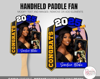 2025 Graduation Fan Template Blue & yellow | Graduation 2025 Fan| Canva| Custom 2025 Grad Favor| Graduation Hand Fan| Grad fan template