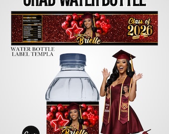 Graduation Party Water Bottle Template Red & Gold Canva Template Water Bottle Label Class of 2026 Digital Download