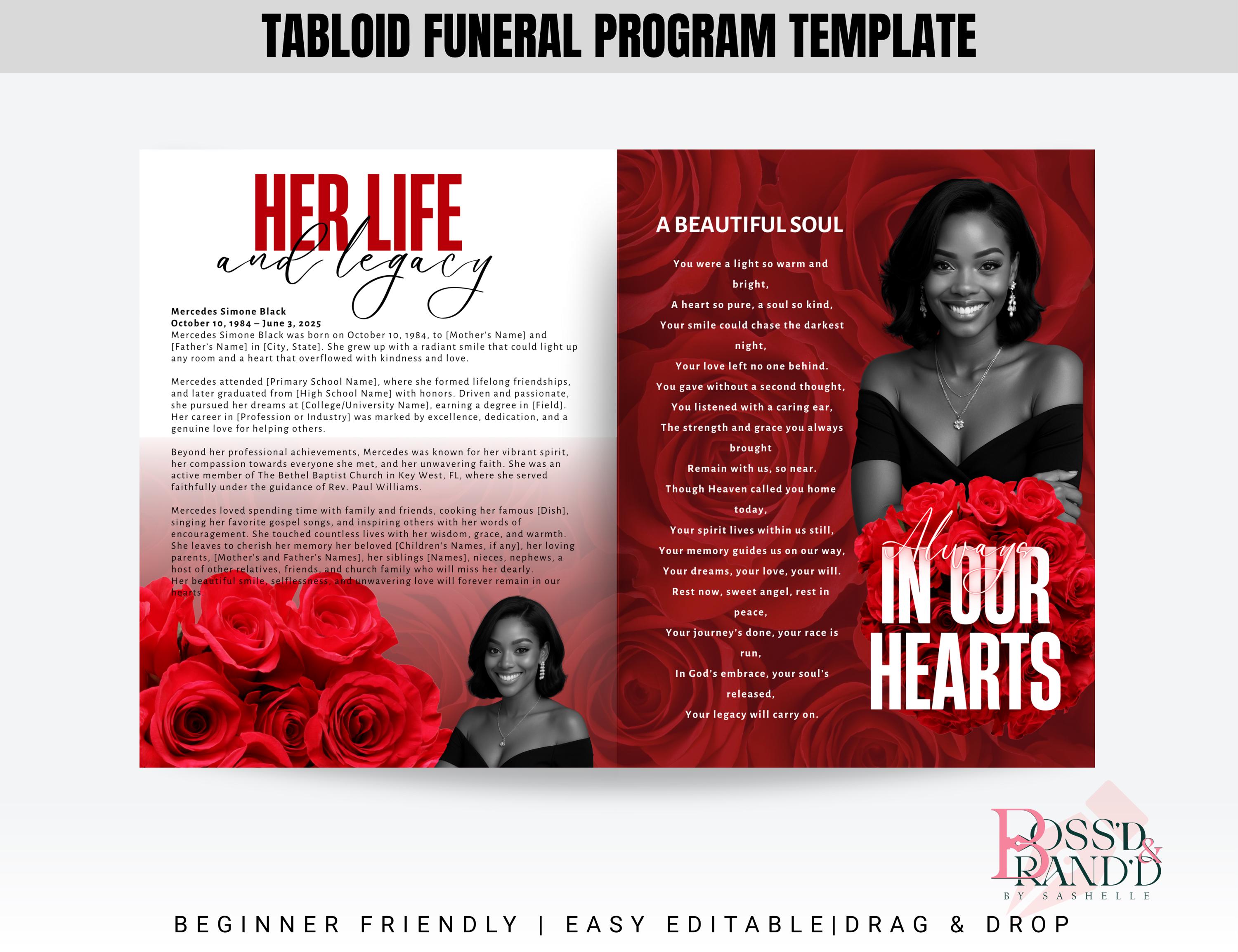 Program Flower Design 17x11 Red Flower Funeral Program Template (8 Pages) | Bifold Funeral ...