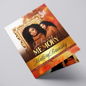 May include: A memorial card with a gold frame and the words "In loving MEMORY" and "Mallory Brunsky". The card features a photo of a woman and a dove graphic. The background has orange and brown hues.