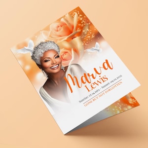 Orange Rose 11x17 Funeral Program Template (8 Pages) | Bifold Funeral Program Tabloid Size Program| Women Obituary| Orange Funeral Program