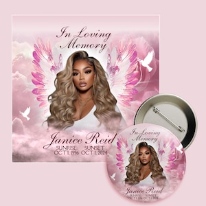 May include: A pink and white memorial button with a photo of a woman and the text "In Loving Memory Janice Reid Sunrise: Oct 1, 1996 Sunset: Oct 1, 2024"