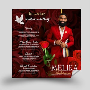 Peut inclure: Annonce commémorative avec un fond de roses rouges et une photo d'un homme en costume rouge. Le texte indique "In Loving Memory" et détaille les services pour Melika Salima, y compris la veillée, les funérailles et le repas.