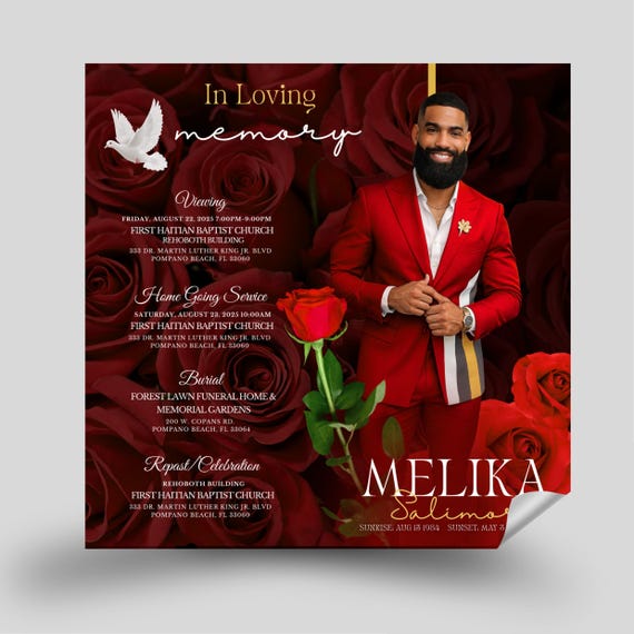 Funeral Invitation Template Red Rose Editable Canva Funeral Flyer for a Men Memorial Announcement Funeral Flyer Celebration of Life