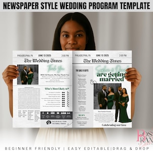 Plantilla de programa de boda estilo periódico, plantilla de periódico de boda editable, programa de boda, programa de periódico de boda, itinerario de boda