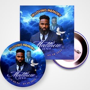 May include: A blue and white memorial button with a photo of a man and the text "In Loving Memory Matthew Lewis 10.02.96 - 09.28.2024".