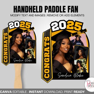 Pu&ograve; includere: Un ventaglio a mano nero e giallo con il testo "CONGRATS 2025" e una foto di un laureato. Il ventaglio &egrave; decorato con un nastro nero e giallo e una foto di un laureato.
