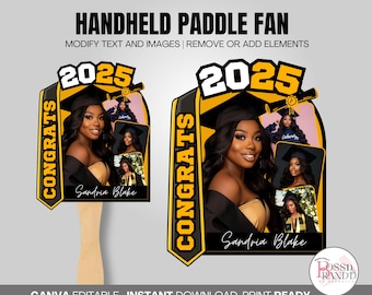 Graduation Fans Template Black and Gold Editable Canva Graduation Fan Template Custom Grad Fan Paddle Fan for Graduate