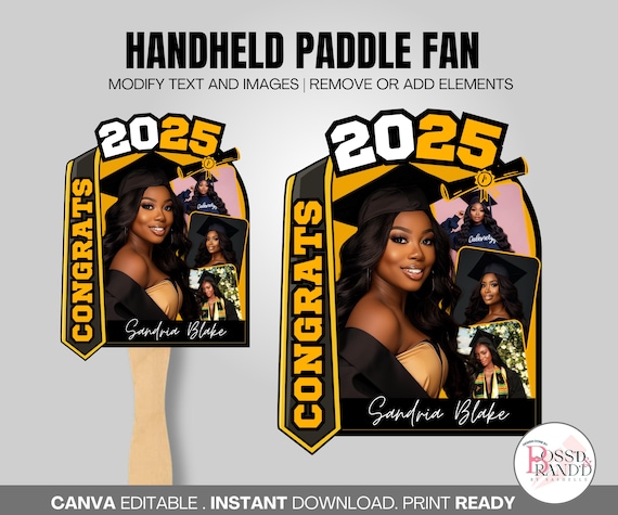 Graduation Fans Template Black and Gold Editable Canva Graduation Fan Template Custom Grad Fan Paddle Fan for Graduate