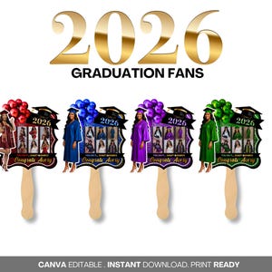 May include: Graduation fans with the year 2026 in gold. Each fan features a graduate in a cap and gown, with a photo collage and the text "Congrats Avery". The fans come in red, blue, purple, and green.