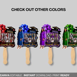 May include: Graduation-themed hand fans in red, blue, purple, and green. Each fan features a graduate illustration, the year "2026", and the text "Congrats Avery". The fans have wooden handles and the text "CHECK OUT OTHER COLORS" is at the top.