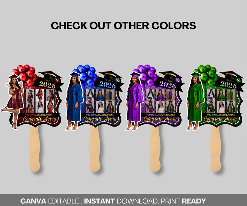 May include: Graduation-themed hand fans in red, blue, purple, and green. Each fan features a graduate illustration, the year "2026", and the text "Congrats Avery". The fans have wooden handles and the text "CHECK OUT OTHER COLORS" is at the top.
