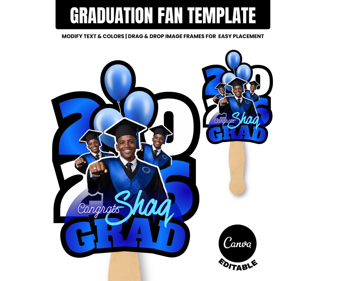 Graduation Fan Template Blue 2026 Grad Fan Canva Graduation Paddle Fan ...